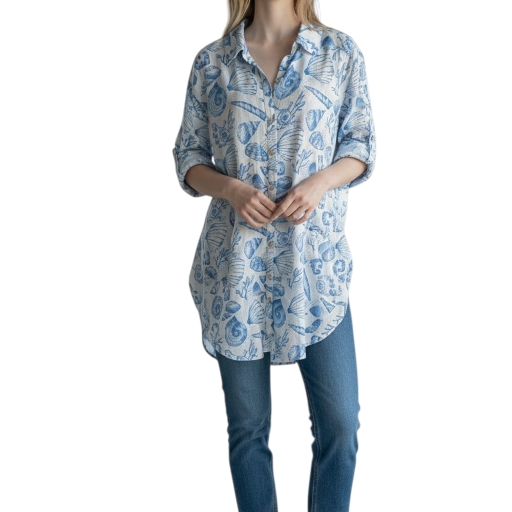 Martha Stewart Seashell Linen Tunic Blouse Coastal Beach Coverup Top Sz M